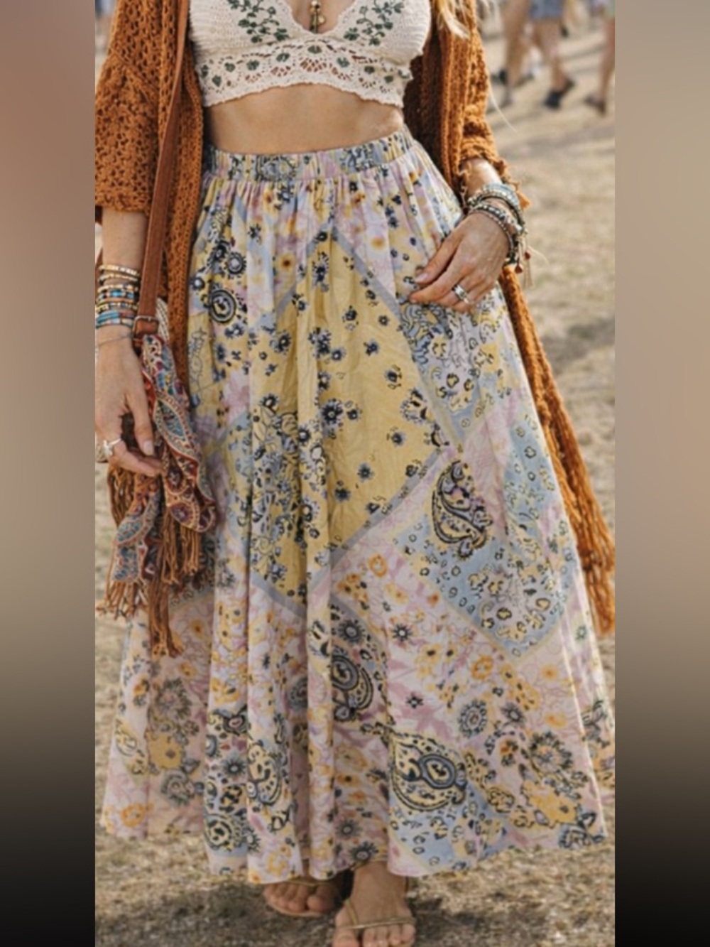 Patchwork Maxi Skirt Boho Cottagecore Prairie Chic Paisley Floral Elastic Waist